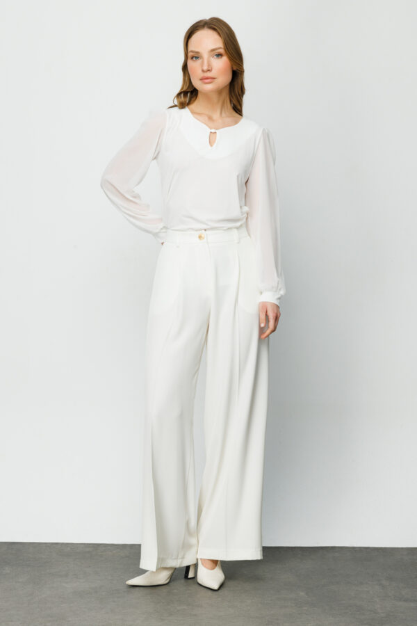EKOL ON PİLELİ GENİŞ PAÇA PANTALON EKRU - Image 3