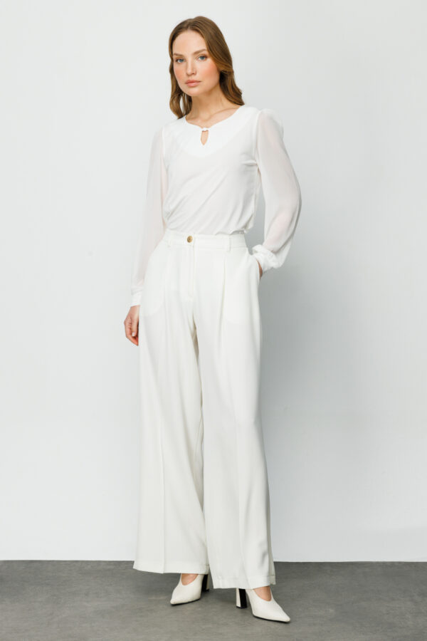 EKOL ON PİLELİ GENİŞ PAÇA PANTALON EKRU - Image 4