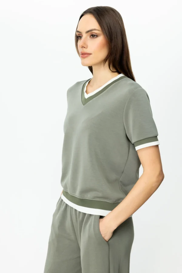EKOL ON KISA KOL RİBANALI BLUZ HAKİ - Image 4