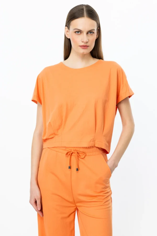 EKOL ON SIFIR YAKABELİ PİLELİ BLUZ ORANJ