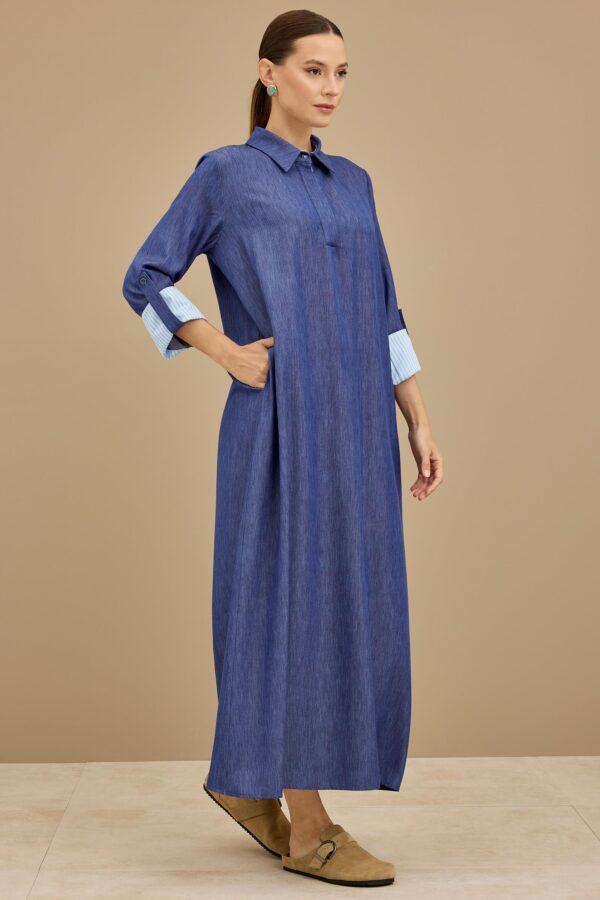 TIG TRİKO Çizgi Poplin Mix İnce Denim Elbise INDIGO - Image 2