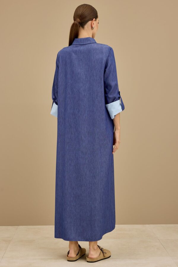 TIG TRİKO Çizgi Poplin Mix İnce Denim Elbise INDIGO - Image 5