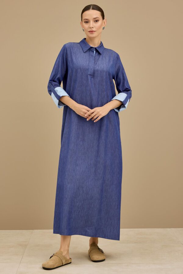 TIG TRİKO Çizgi Poplin Mix İnce Denim Elbise INDIGO - Image 4