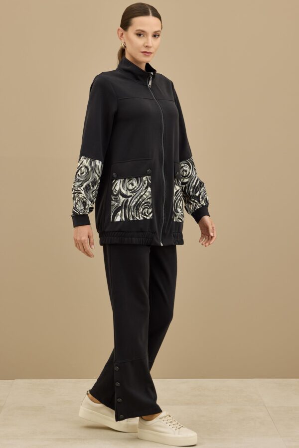 DESENLİ KUMAŞ BLOKLU PANTALONLU TAKIM SİYAH - Image 2