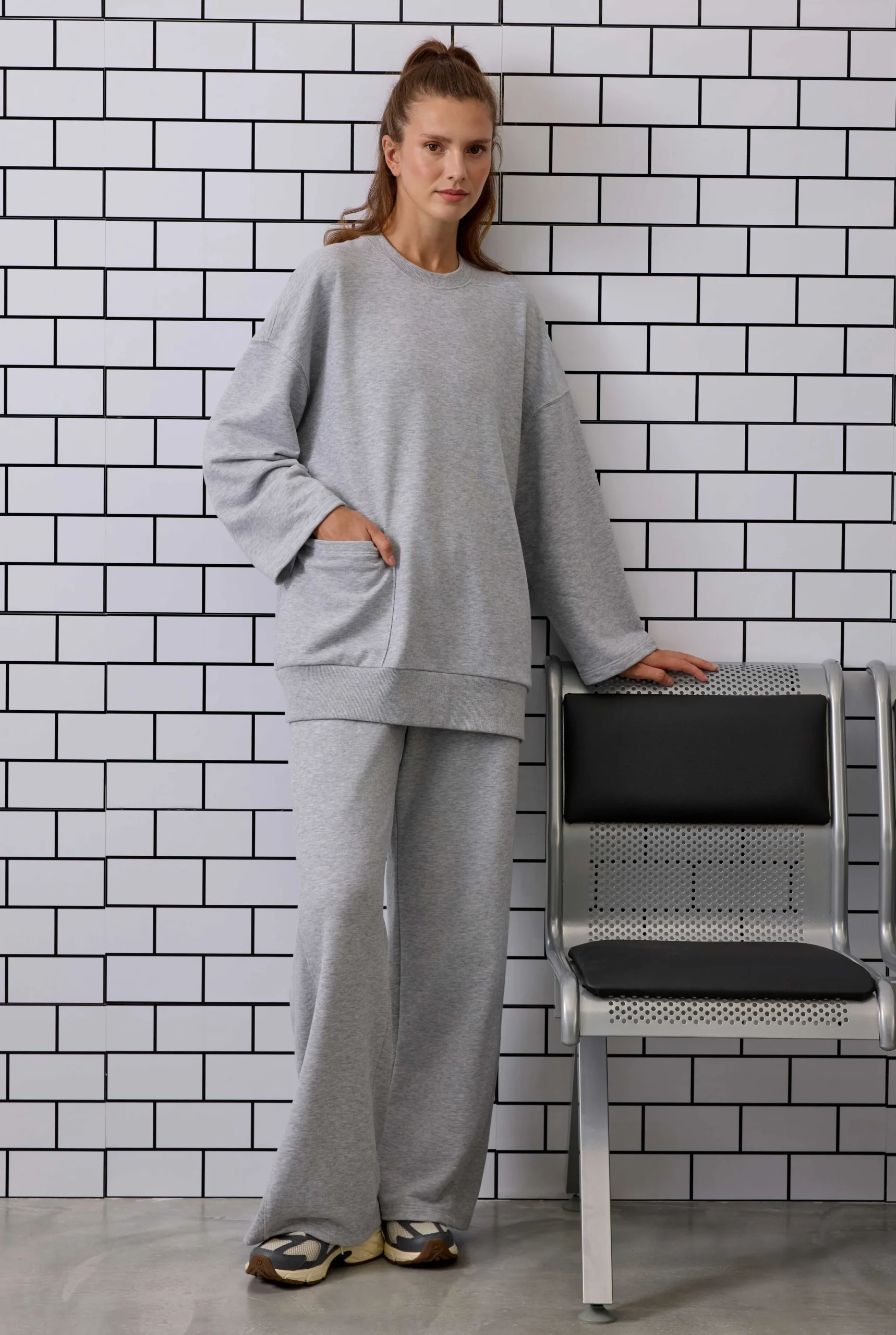 HE-QA Ribanalı Rahat Kesim Sweatshirt Gri Melanj - Görsel 2