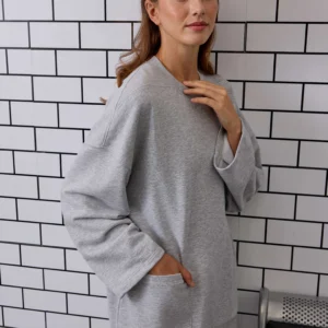 HE-QA Ribanalı Rahat Kesim Sweatshirt Gri Melanj