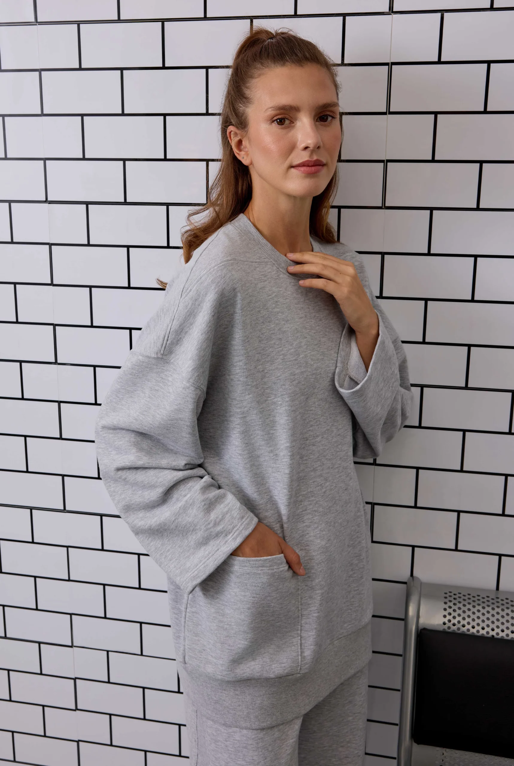 HE-QA Ribanalı Rahat Kesim Sweatshirt Gri Melanj