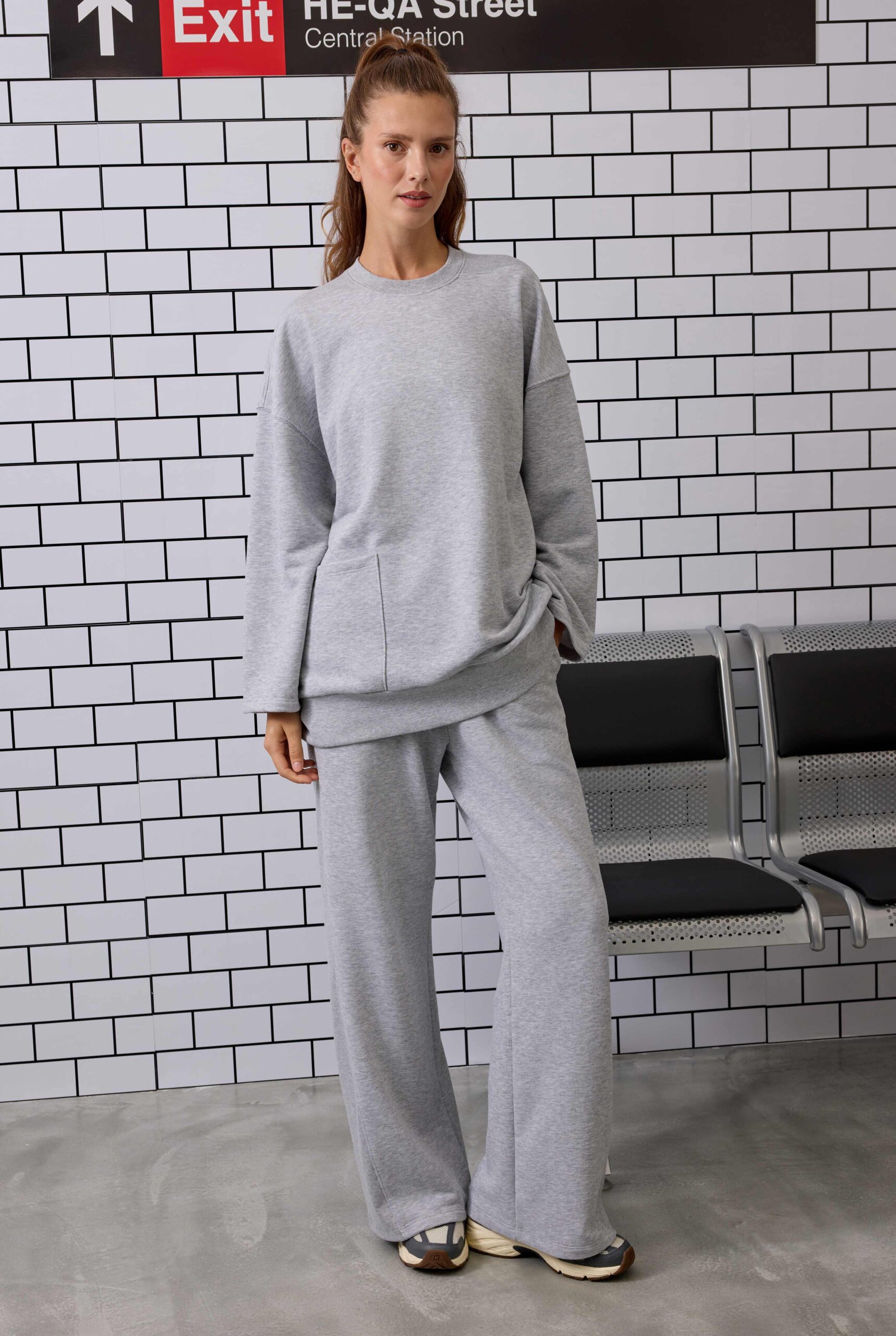 HE-QA Ribanalı Rahat Kesim Sweatshirt Gri Melanj - Görsel 5