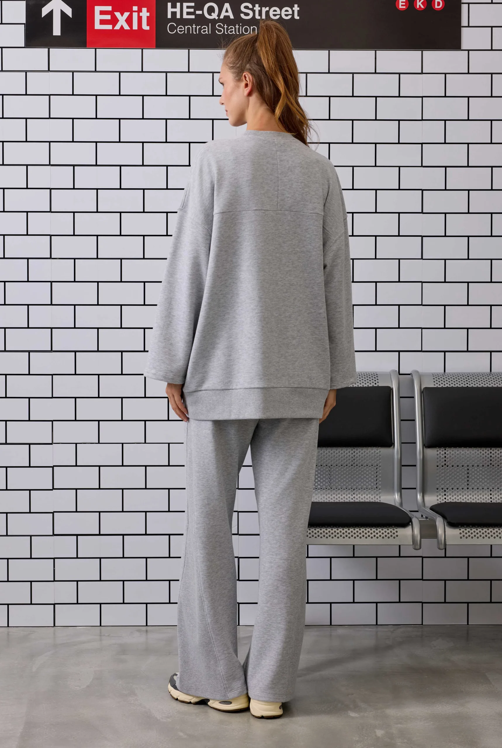 HE-QA Ribanalı Rahat Kesim Sweatshirt Gri Melanj - Görsel 6